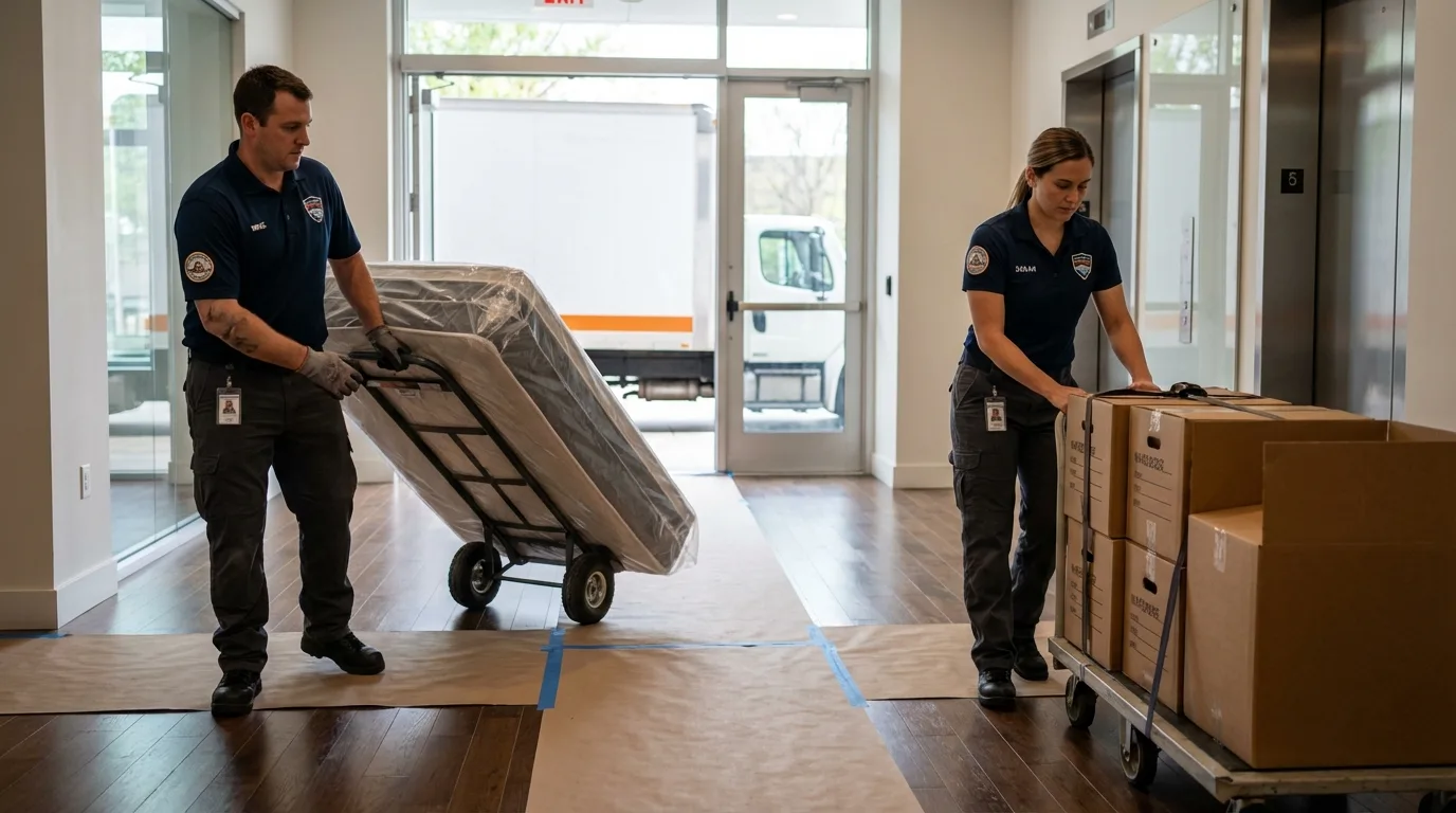 Professional apartment movers loading elevator in Casa Grande, AZ