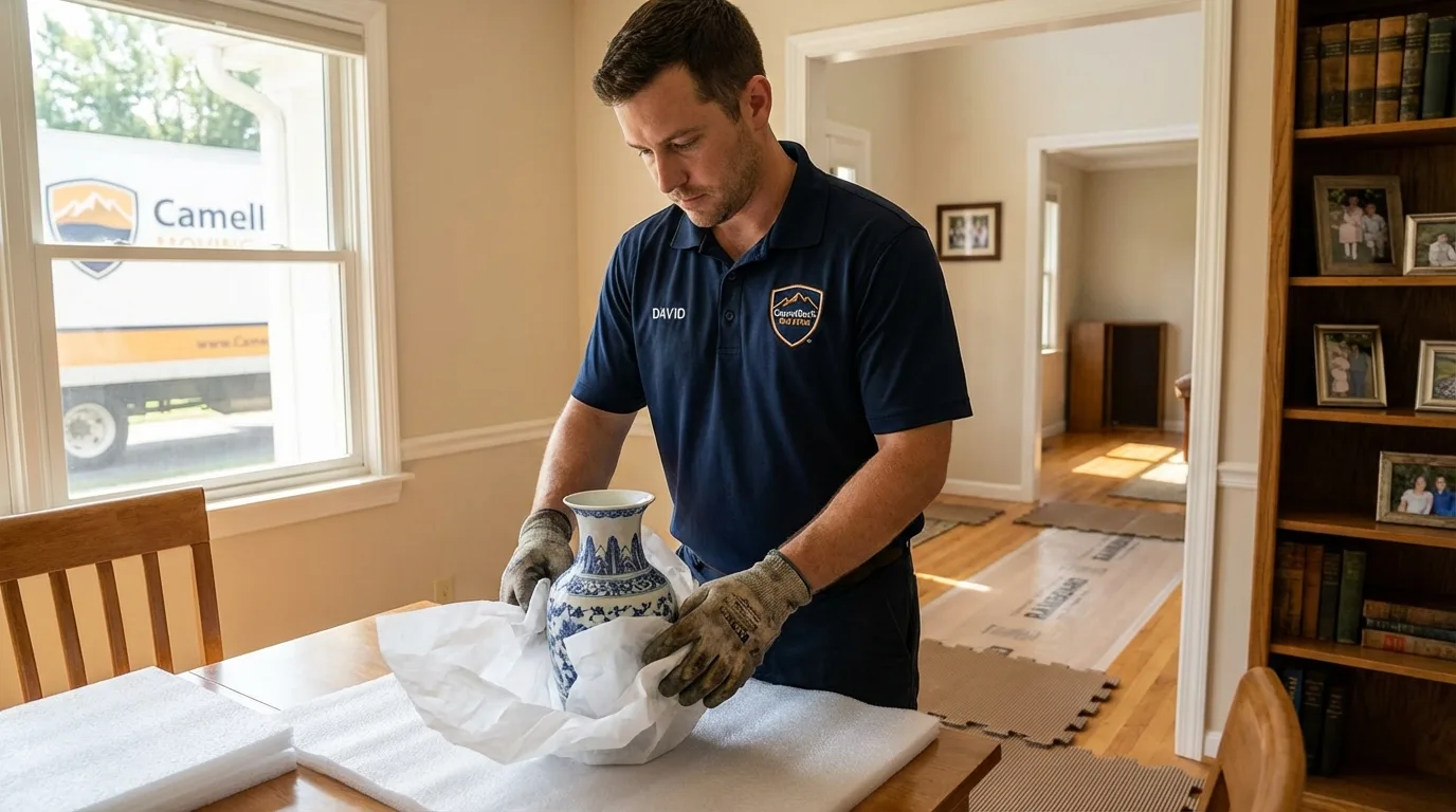 Professional crew carefully wrapping antique vase for senior downsizing move in Casa Grande, AZ